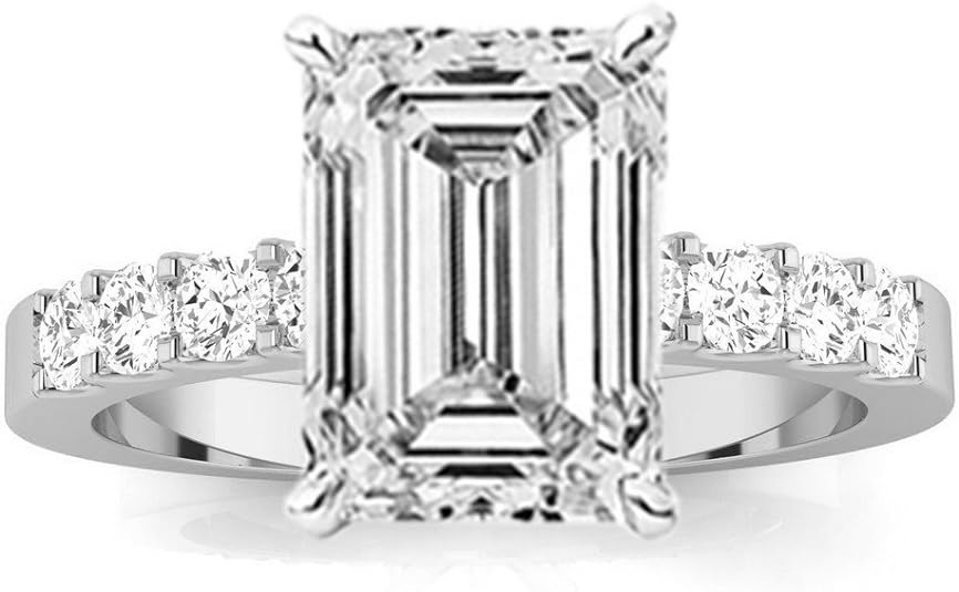 14K White Gold 3.5 Carat LAB GROWN DIAMOND Classic Prong Set Emerald Cut Diamond Engagement Ring