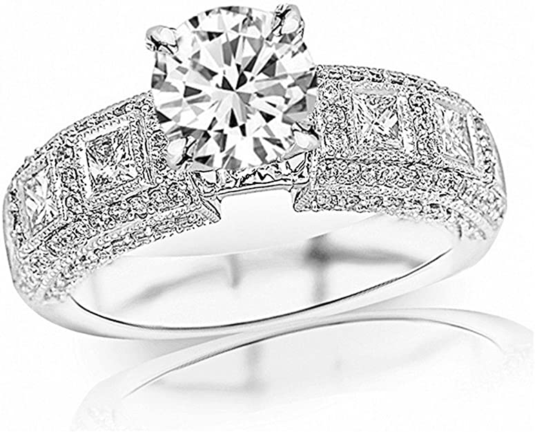 3 carat diamond engagement ring, Bezel Set Princess Cut & Round Designer 14K White Gold Diamond Engagement Ring, bezel 3 ct diamond engagement ring