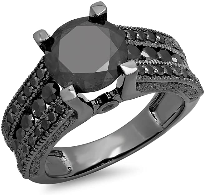 3 carat diamond engagement ring, Black Rhodium Plated 10K Black Diamond Vintage Bridal Engagement Ring, black diamond engagement ring