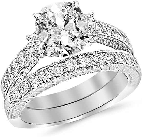 14K White Gold 3 Carat LAB GROWN DIAMOND Three Stone Vintage With Milgrain & Filigree Bridal Set with Wedding Band & Cushion Cut Diamond Engagement Ring