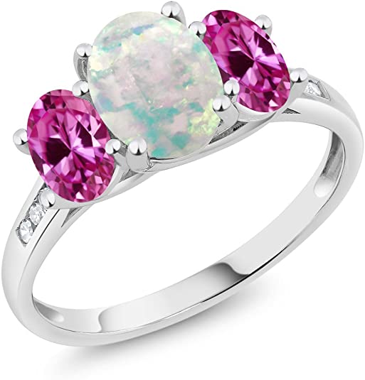 3 Stone Engagement Ring With Center Opal, Side Pink Sapphires and Diamond Accents