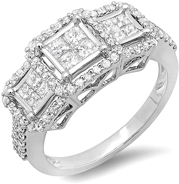 3 stone engagement rings, Dazzlingrock Collection 1.25 Carat (ctw) 14k Round & Princess Diamond 3 stone Ladies Engagement Bridal Ring 1 1/4 CT, White Gold, beautiful 3 stone diamond ring