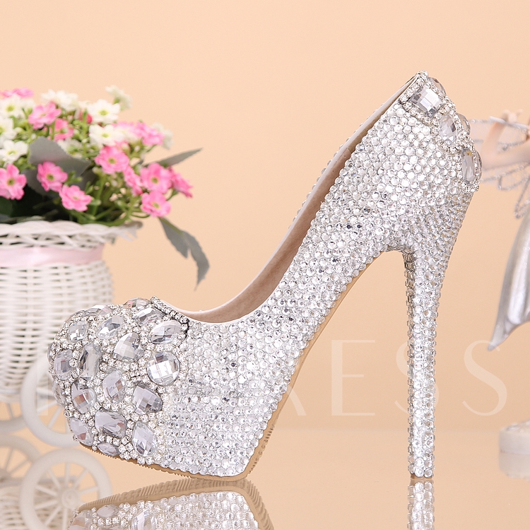 Platform Rhinestone Slip-On Round Toe Women's Wedding Pumps
