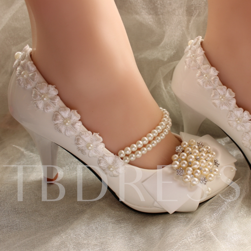 Closed Toe Pearls Flowers Stiletto Heels Bridal Shoes