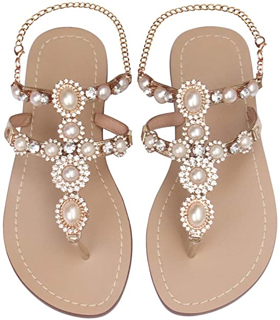 Rhinestone Flat Sandals, Women Flip Flops with Beadeed Rhinestone Crystal Jeweled Sandal Shoes