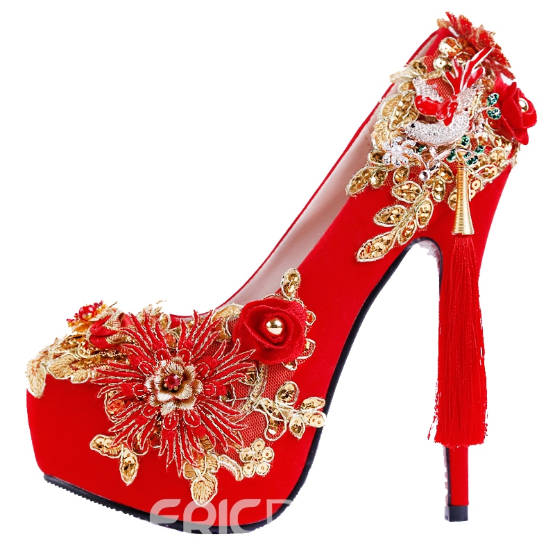 Red Wedding Shoes Beads Fringe Platform Stiletto