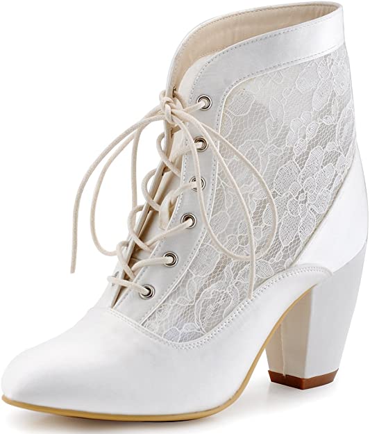 Closed Toe Chunky Heel Lace Up Satin Lace Wedding Bridal Boots