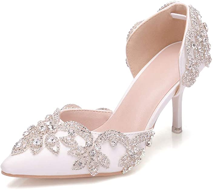 Stiletto High Heel Dress Pumps Pointy Toe Bridal Wedding Evening Party Shoes with Rhinestone