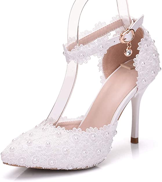 Closed Toe Sandals with Floral Lace Pearls Strap Stiletto Bridal Shoes