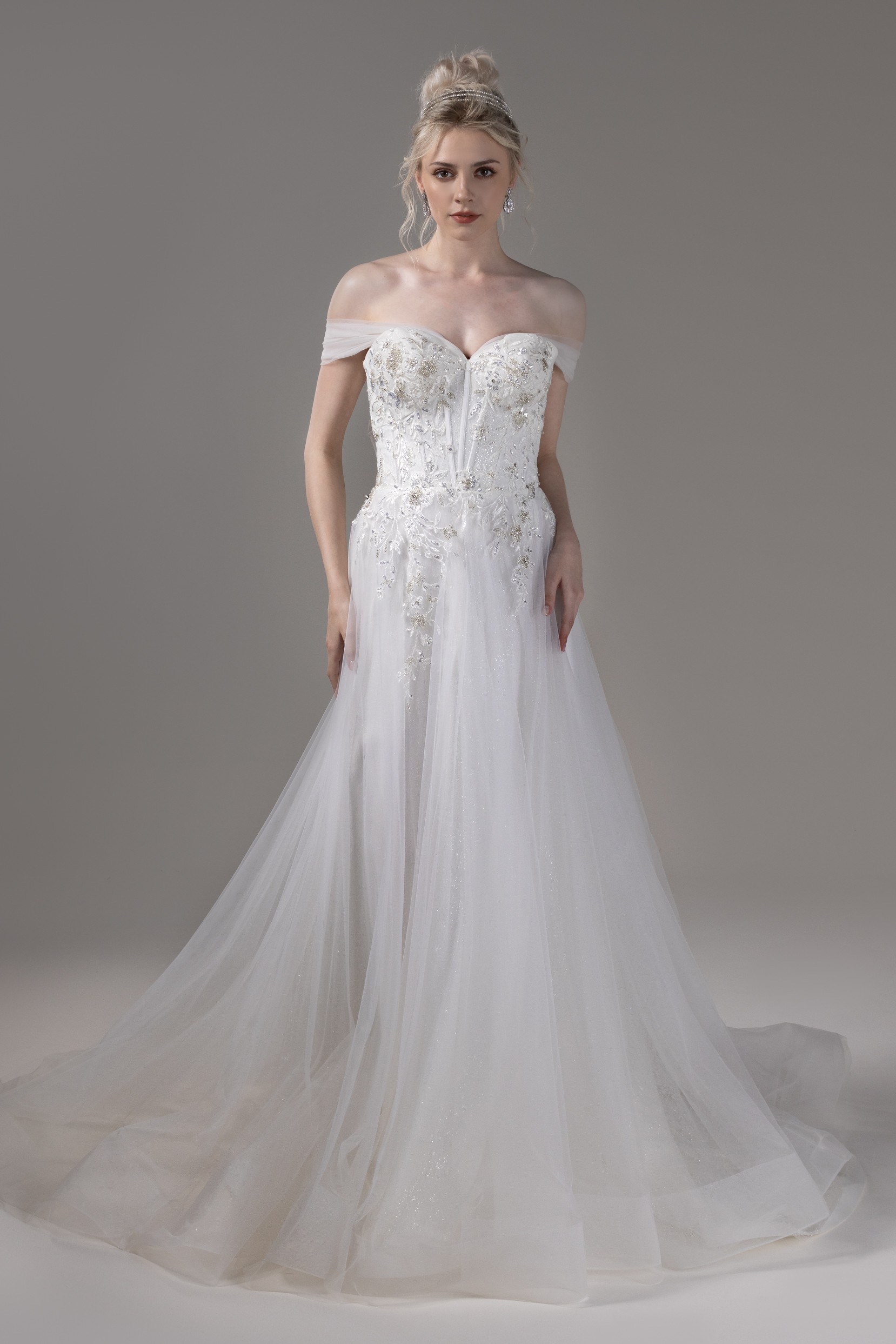 A Line Tulle Beaded Wedding Dress With Court Train