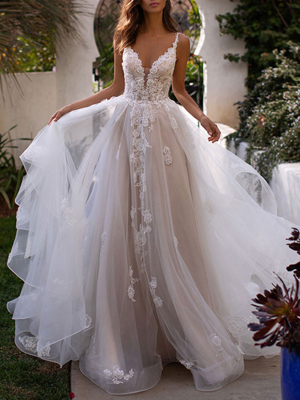 A Line V Neck Lace Sleeveless Bridal Gown