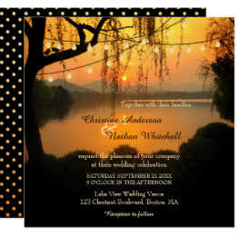 sunset lake view string lights wedding invitations