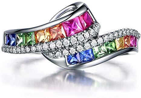 CZ Wedding Rings, CZ Wedding Bands, Natural Ruby Sapphire Emerald Ring 18K Gold Plated Diamond Rainbow Gemstone Women's Ring CZ Eternity Wedding Band,  Rainbow wedding ting, rainbow wedding band