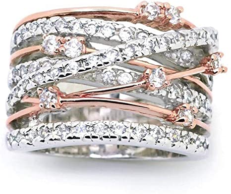 CZ Wedding Rings, CZ Wedding Bands, Sterling Silver Shining White/Rose Gold X Criss Cross Wedding Ring