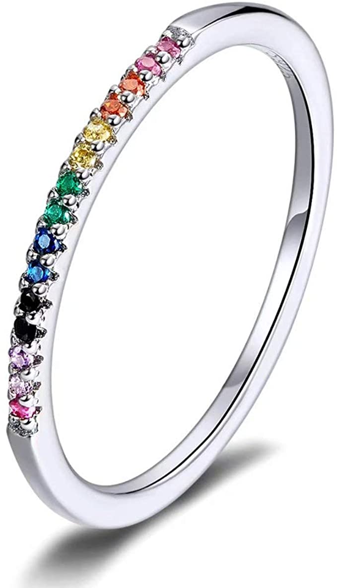 CZ Wedding Rings, CZ Wedding Bands, Rainbow Stackable Ring 925 Sterling Silver Circle Ring Pave Sparking CZ Wedding Ring, Rainbow Wedding Rings, Rainbow Wedding Bands