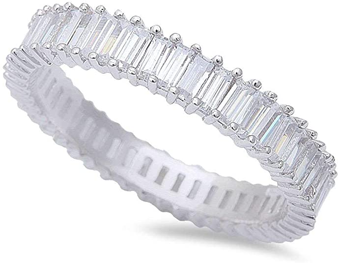 CZ Wedding Rings, CZ Wedding Bands, Eternity Stackable Wedding Band Invisible Baguette CZ 925 Sterling Silver