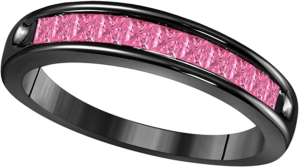 CZ Wedding Rings, CZ Wedding Bands, Channel Set Wedding Band 14K Black Rhodium Plated in 925 Sterling Silver Princess Cut CZ Pink Sapphire Engagement Ring