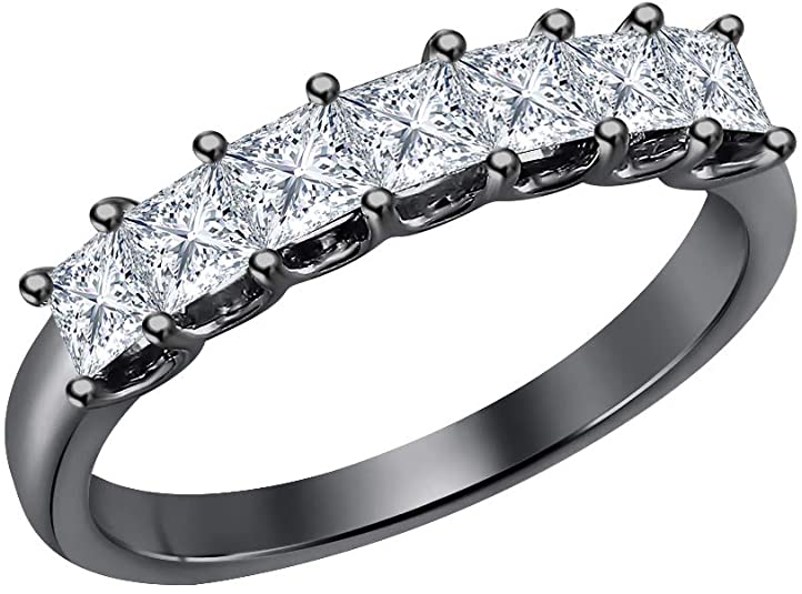 CZ Wedding Rings, CZ Wedding Bands, 1.50ctw Princess Cut Gemstone Seven Stone Half Eternity 14k Black Gold Over Sterling Silver Wedding Band