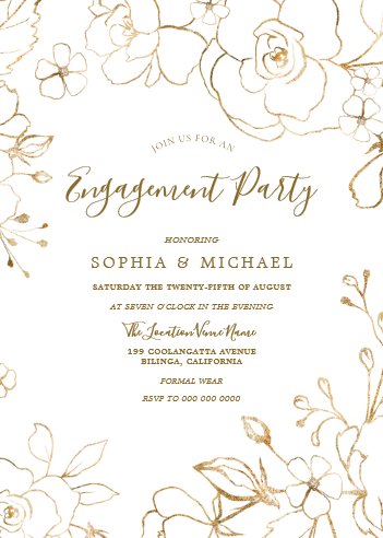 Gold Floral Elegant White Modern Engagement Party Invitation