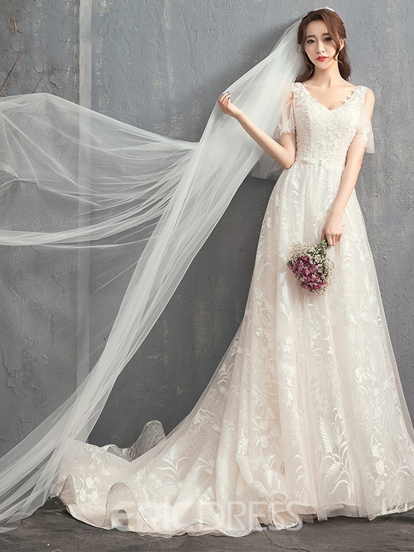 LDS Wedding Dress, LDS Wedding Gowns, Court V-Neck Short Sleeves Church Wedding Dress