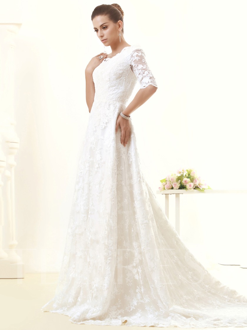 LDS Wedding Dress, LDS Wedding Gowns, Half Sleeves A-Line Lace Appliques Wedding Dress