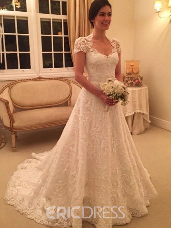 LDS Wedding Dress, LDS Wedding Gowns, V-Neck Short Sleeves Lace Wedding Dress