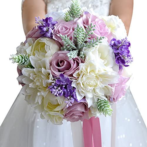 Bride Holding Purple, White and Green Wedding Bouquet with Orchids, peonies and roses