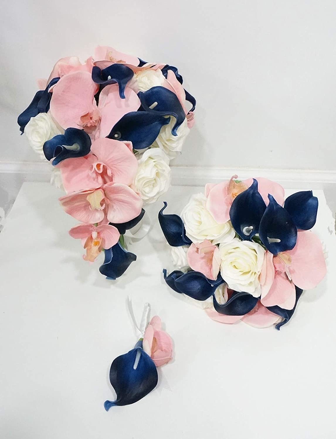 Silk Phanaenopsis Orchid Rose Calla Lily Mixed Wedding Bridal Bouquet in Blush Pink/Navy Blue/White