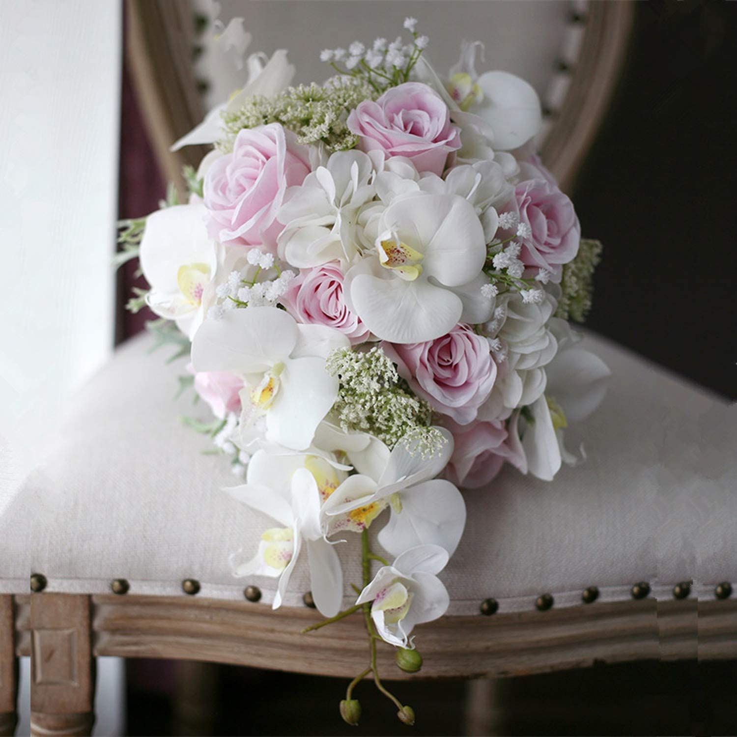 Waterfall Artificial Pink Wedding Bouquets with White and pink Orchid Lace Bridal