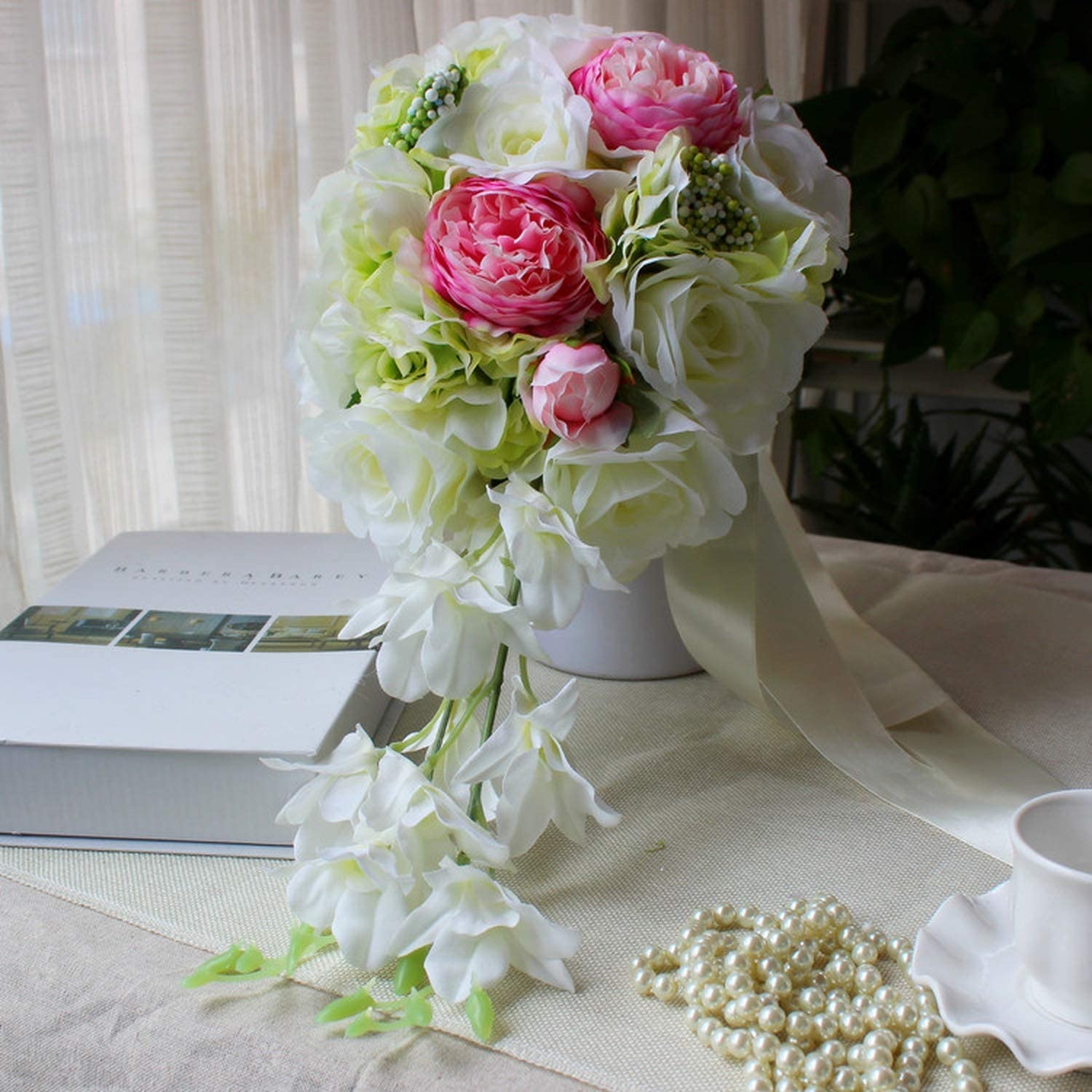 Ivory Pink Silk handmade Cascading Bridal Bouquets With Roses and Orchid