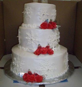 winter wedding cakes, snowflake wedding cake, white and red wedding cake