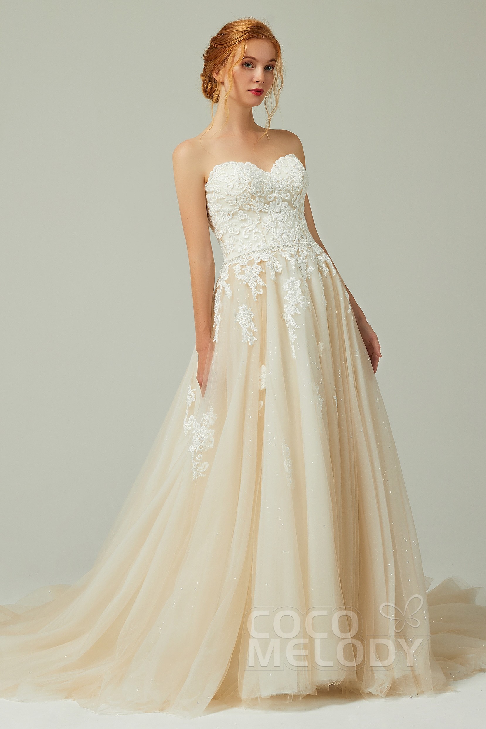 A-Line Tulle Beaded Wedding Gown With Chapel Train