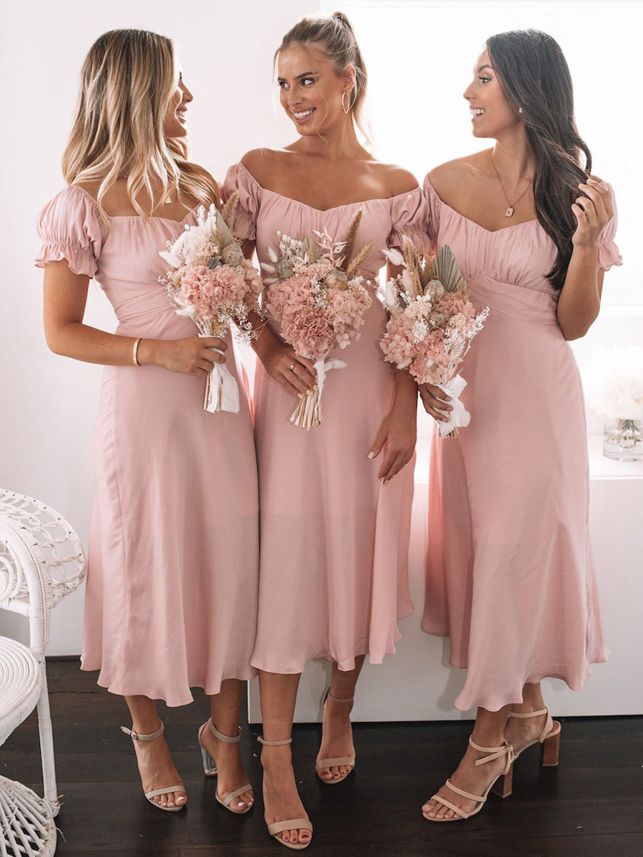 A-line Chiffon Pink Tea-Length Bridesmaid Dress