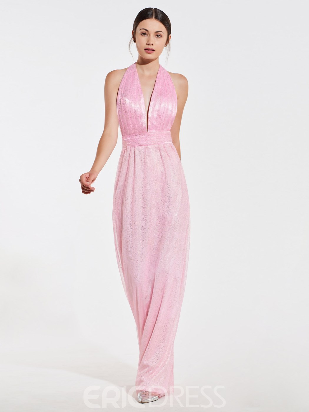 A-Line Rose Quartz Halter Backless Bridesmaid Dress