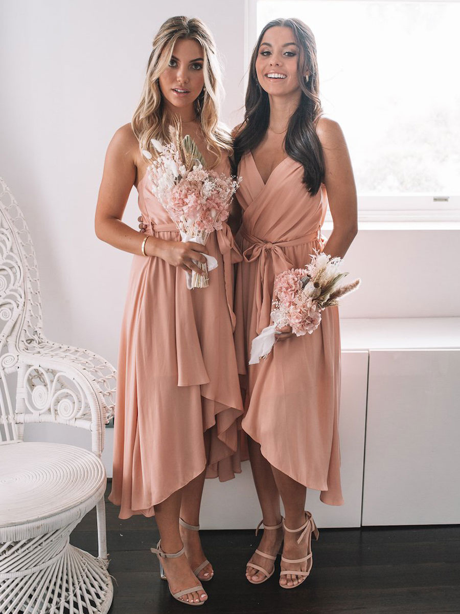 A-Line Sleeveless V-Neck Pink Chiffon Bridesmaid Dress
