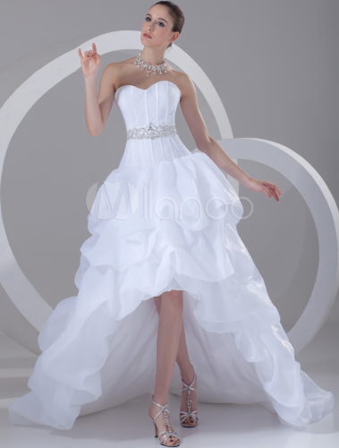 White Wedding Dress Strapless High Low Bridal Dress Rhinestones Beading Ruched Sweetheart Neckline Wedding Gown