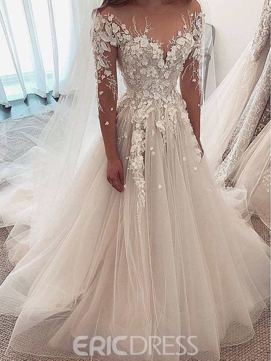 A-Line Bridal Gown, Beading Flowers Long Sleeves Wedding Dress