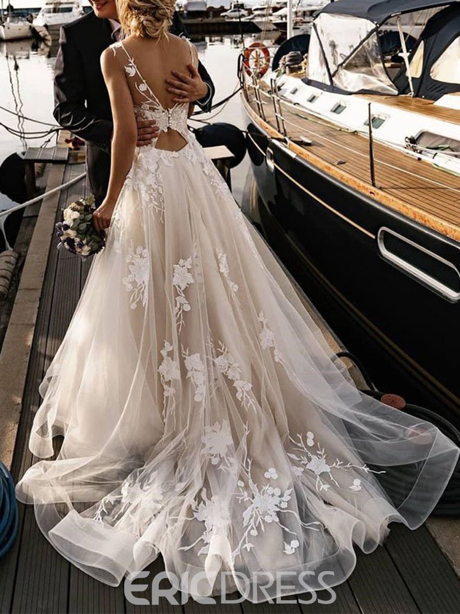 Bateau A-Line Court Button Garden/Outdoor Wedding Dress
