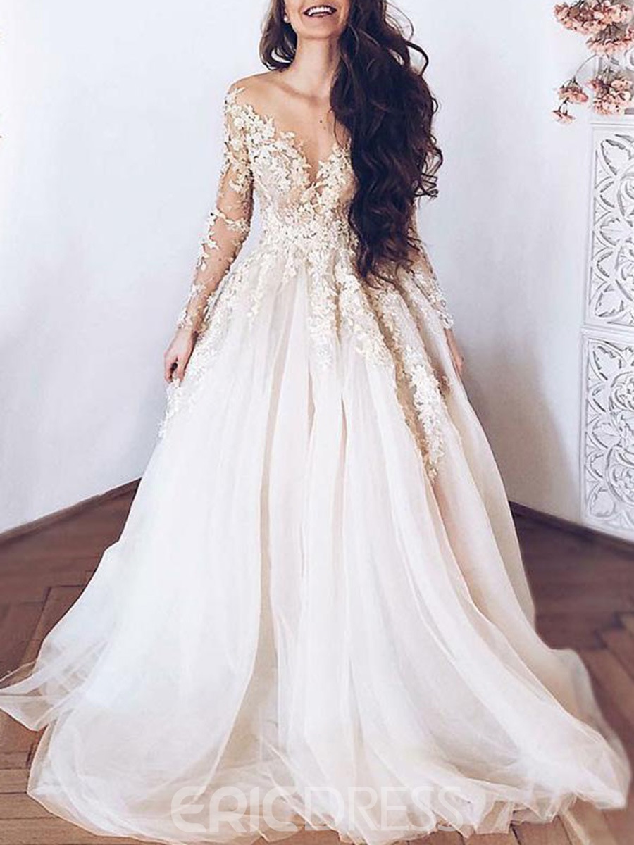 Sheer Neck Appliques Long Sleeve Wedding Dress