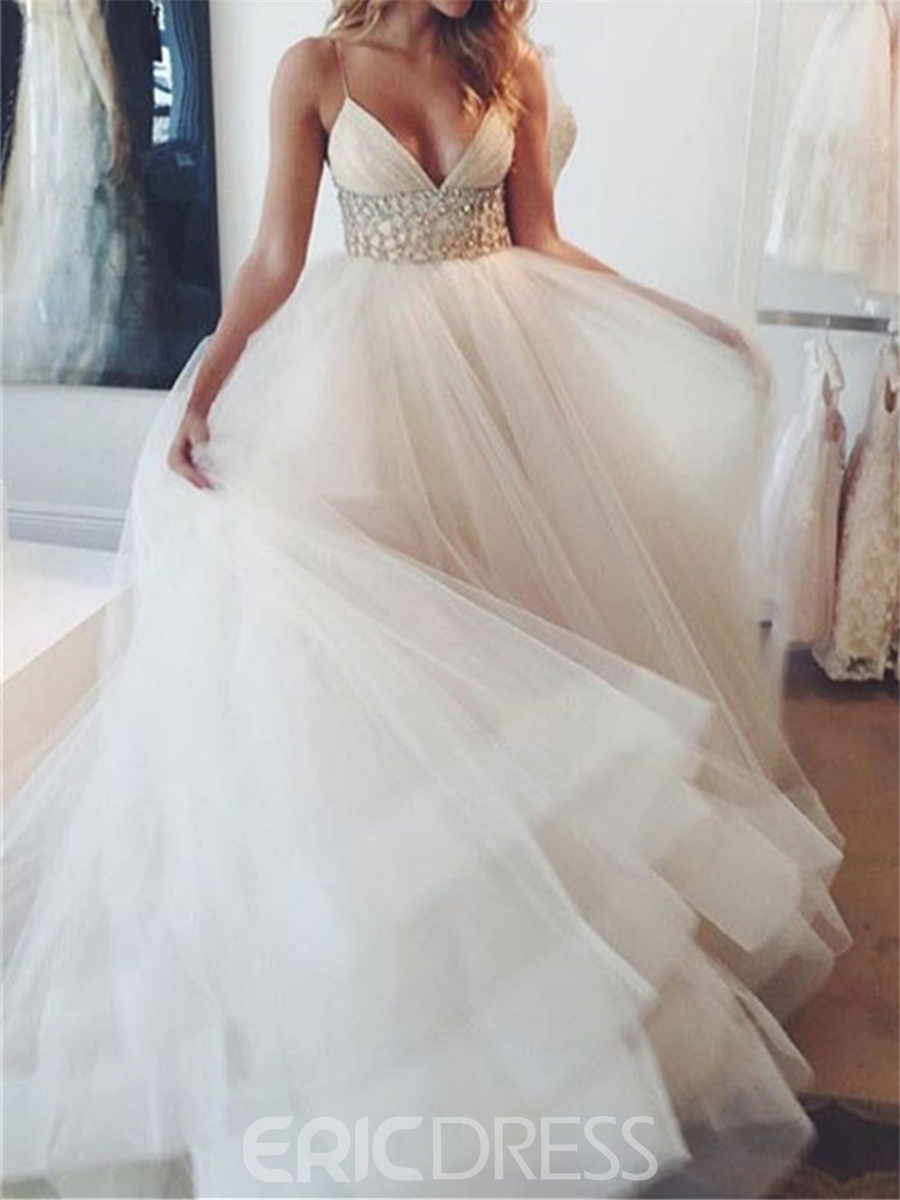 V Neck Spaghetti Straps Beading Wedding Dress