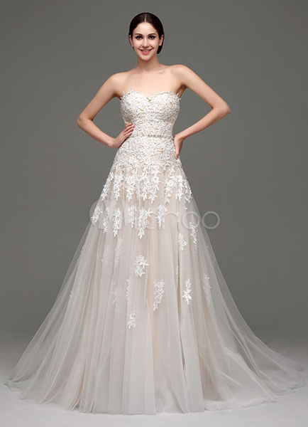 Wedding Dresses Champagne Tulle Strapless Sweetheart Lace Sash Bridal Gown