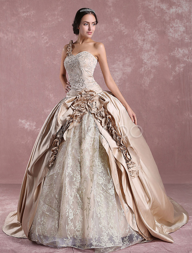 Princess Wedding Dresses Champagne Victoria Bridal Gown One Shoulder Lace Embroidered Satin Wedding Gown
