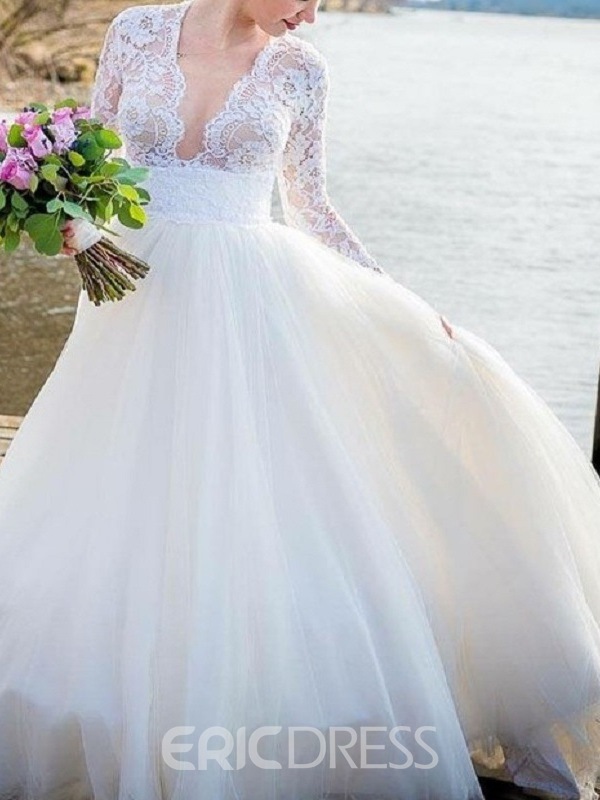 V-Neck Lace Top Long Sleeve Wedding Dress