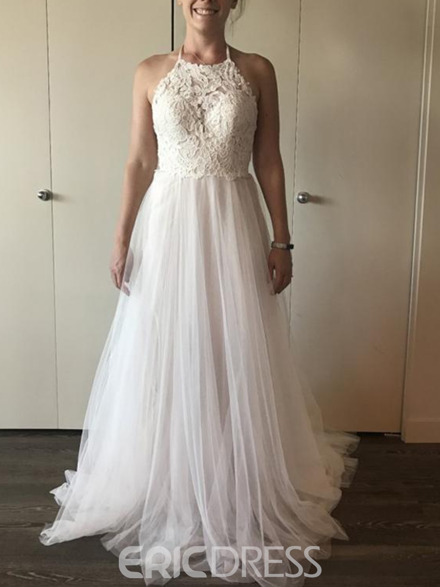 Lace Halter Backless Beach Wedding Dress