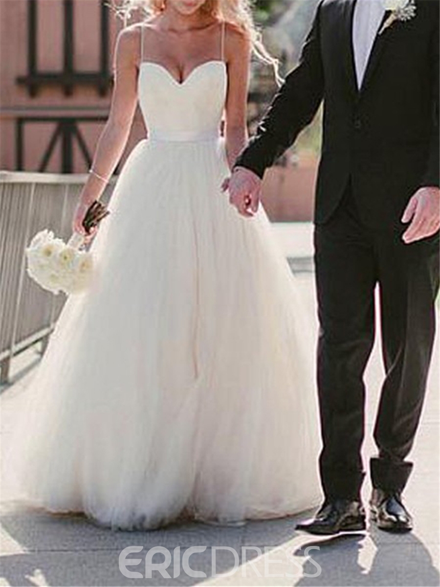 Backless Spaghetti Straps Sweetheart Wedding Dress, Spaghetti Straps Tulle Beach Wedding Dress