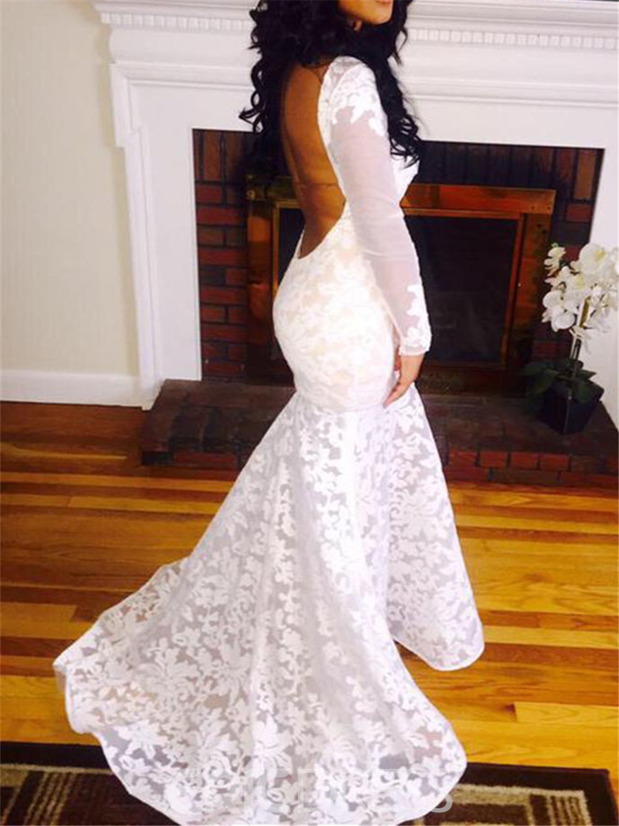 Backless Lace Mermaid Long Sleeves Wedding Dress