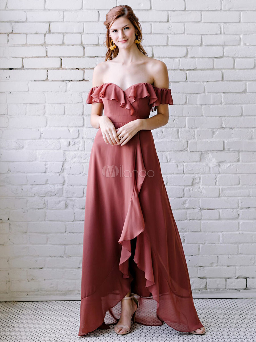 Pretty A-Line Sweetheart Neck Sleeveless Floor-Length Zipper Chiffon Red Brown Bridesmaid Dress