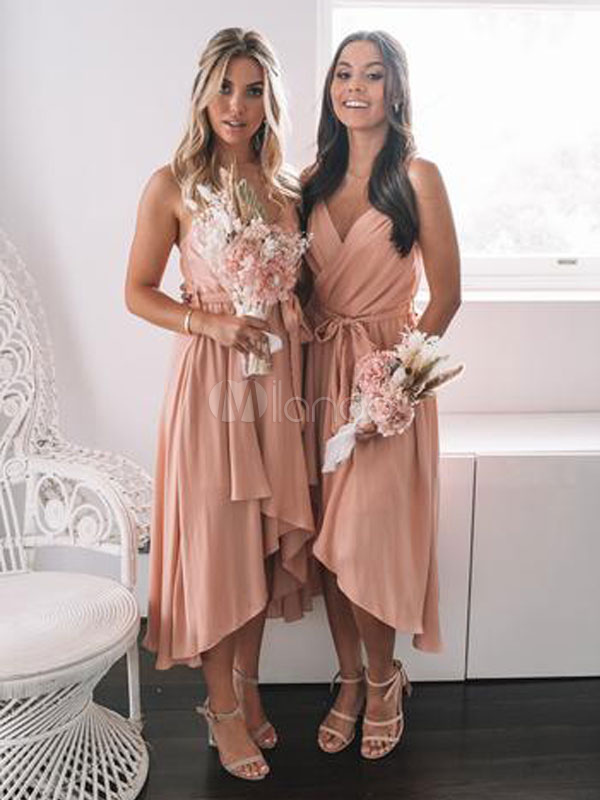 Romantic Pink A-Line Sleeveless V-neck Zipper Chiffon Bridesmaid Dress