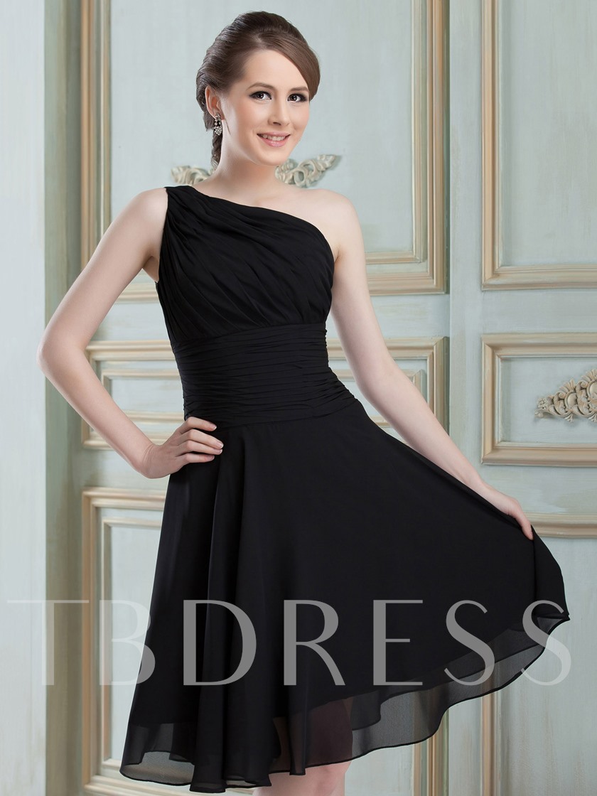 Black Ruched One-Shoulder Short Beach Bridesmaid Dress