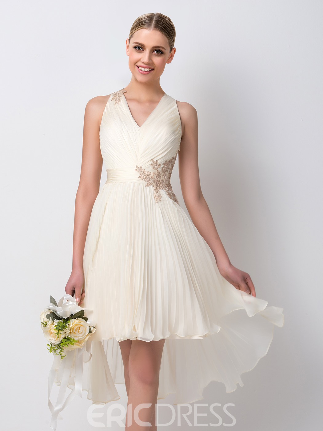 Champagne Appliques Pleats Beach Bridesmaid Dress